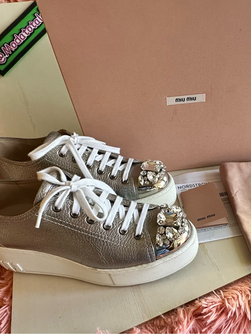 Miu Miu Silver Crystal Toe Leather Sneaker - Women's in 7.5